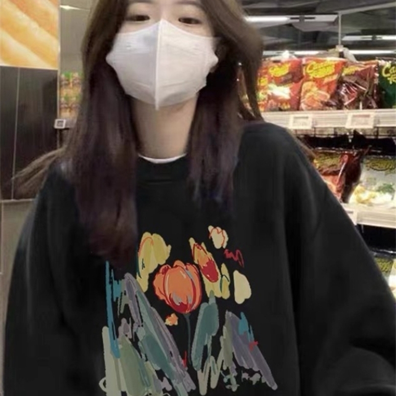 

Womens Hoodies Sweatshirts Jielur Fleece Hoodie ONeck Casual Women Hoodies Cool Floral Print Long Sleeve Pullover Sweatshirts Korean Black Top Female XXL 221010, Black fleece