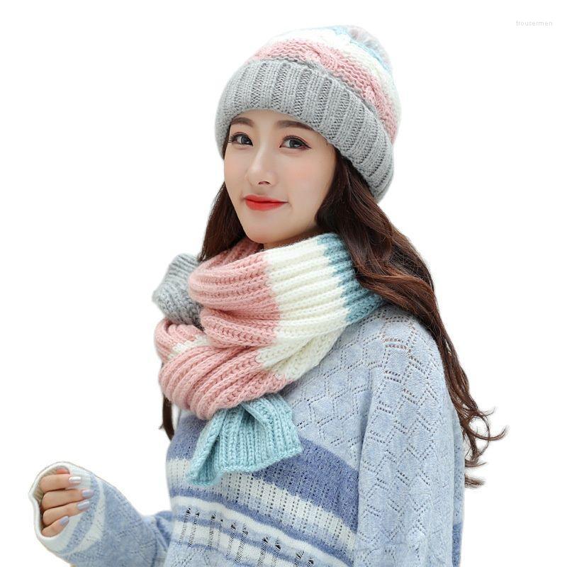 

Berets Lady Thick Plush Beanies Scarf Female Warm Accessories Girl Gift Autumn Winter Knitted Women Hat SetBerets, Red mix