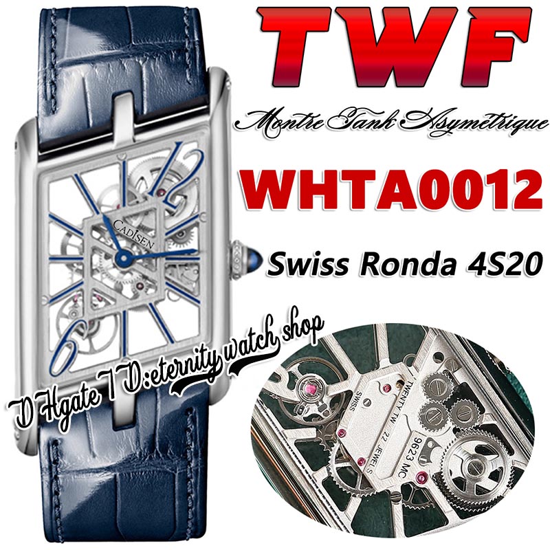 

TWF tw0012 Swiss Ronda 4S20 Quartz Mens Watch Montre Asymetrique Unisex Watch Steel Case Skeleton Dial Stick Markers Blue Leather Super Edition eternity Watches, Watch waterproof production cost