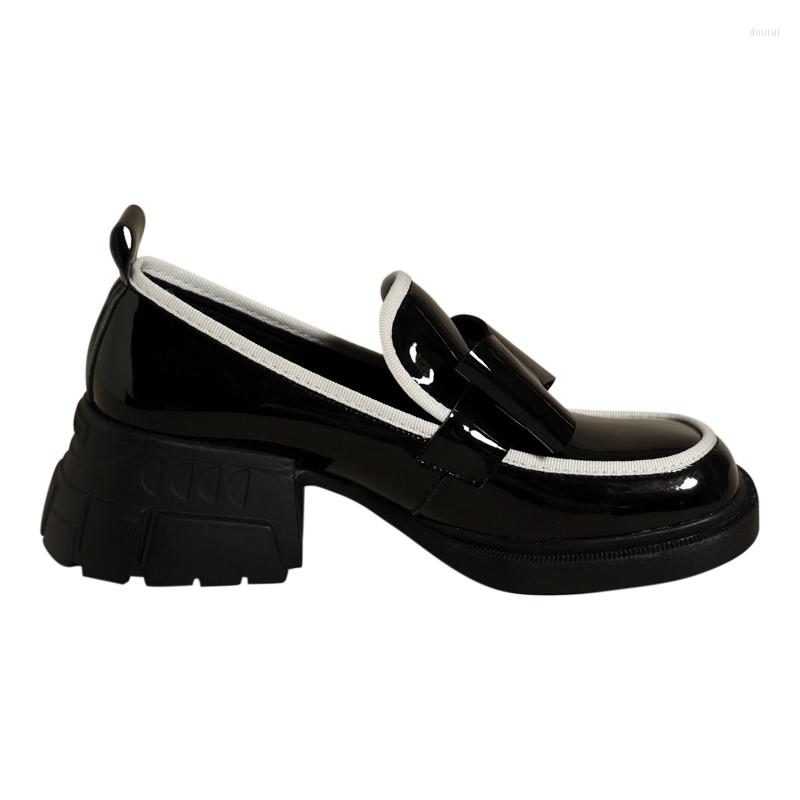 

Dress Shoes 2022 Women PU Leather Slip-On Platform Ins Casual Loafers Square Toe Chunky Heel Designer, Black