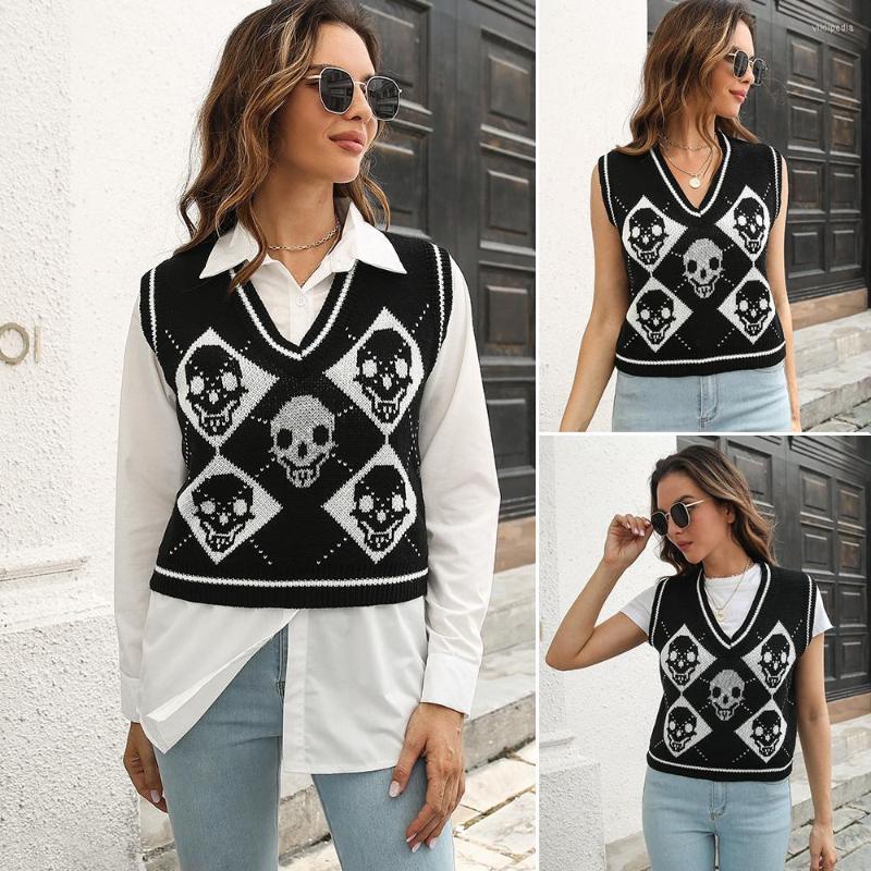 

Women' Vests Y2K Halloween Skull Knit Vest Jacquard Sweater Women 3646#, Black