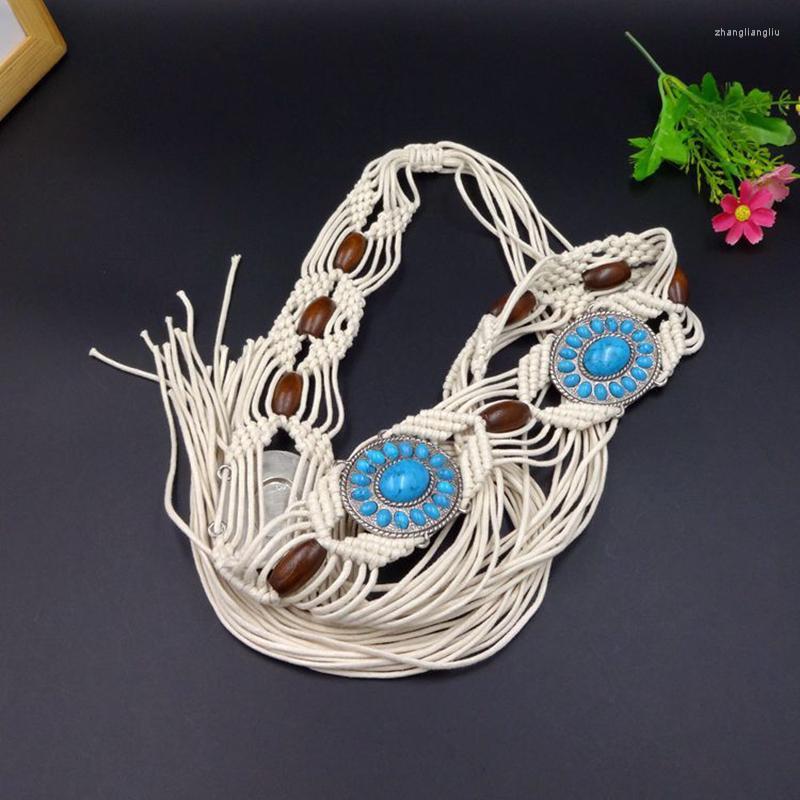 

Belts Women's Bohemian Hand-woven Blue Gemstone Belt Adjustable Dress Fringed Lace-up Decoration Waistband Clothing AccessoriesBelts, Black