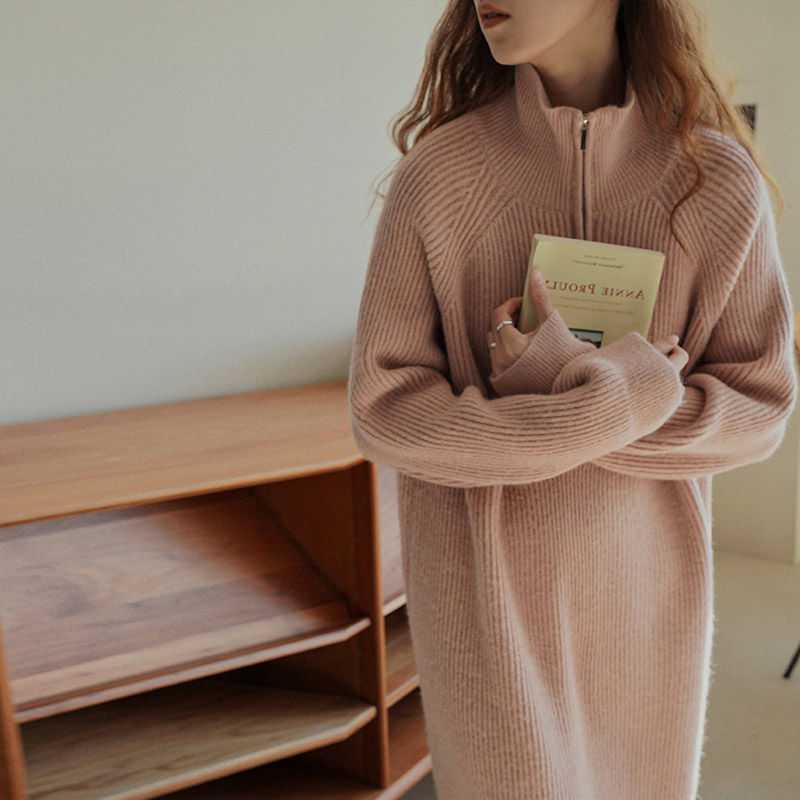 

Retro Turtleneck Woolen Dress for Women Thicken Striped Autumn 2022 Oversized Long Knit Dresses Female Winter Sweater Clothing, White