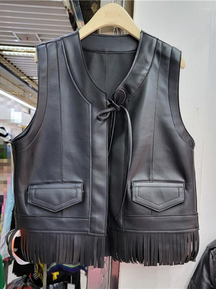

Women's Vests O Neck Sleeveless Female Waistcoat Pu Leather Vest Outerwear Hem Tassel Design Trend All-match 2022 Autumn H100, Black