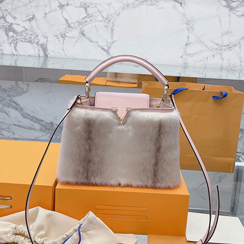 

Mink Fur Shoulder Crossbody Bag Handbag Women Bags Letter Hardware Buckle Genuine Leather Removable Strap Leather Handle 7a Quality Winter Style, Red