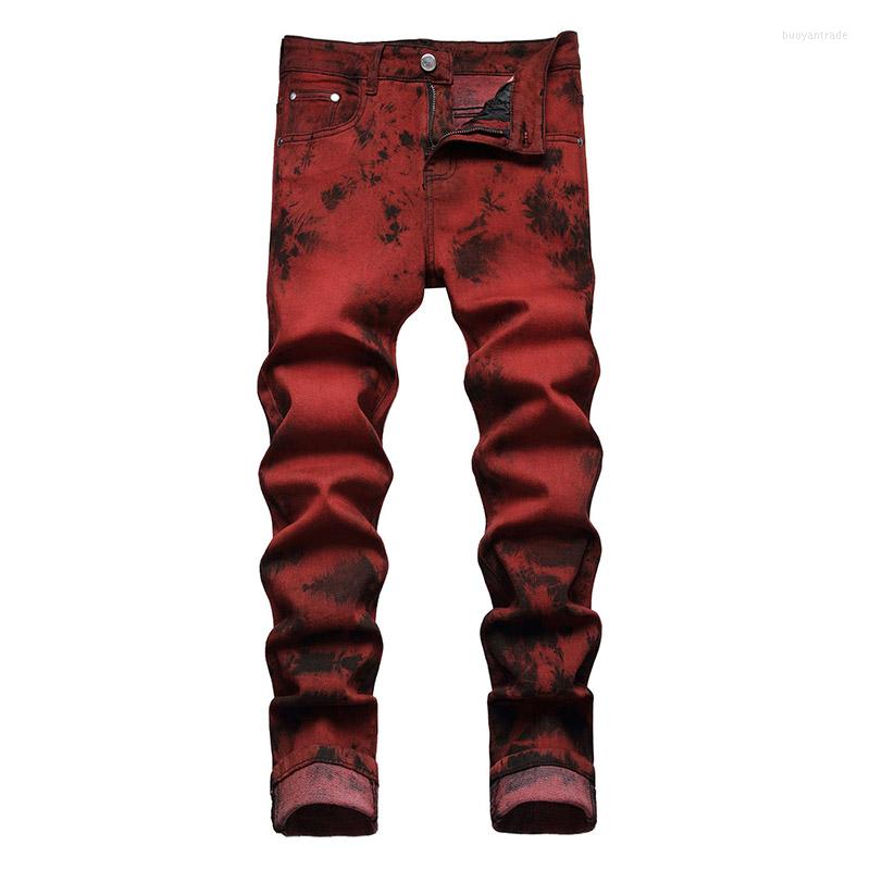 

Men's Jeans Fashion Tie Dye Printed Casual Trousers Washed Streetwear Harakuju Denim Pants For Male Hip Hop, Red