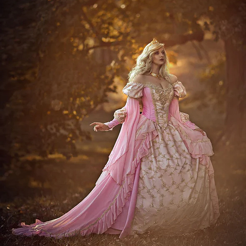 

Pink Ombre Fantasy Sleeping Beauty Wedding Dress Long Sleeve Court Train 2023 Vintage Country Bride Ball Gown Gold Lace Applique Beaded Masquerade Occasion Wear, Royal blue