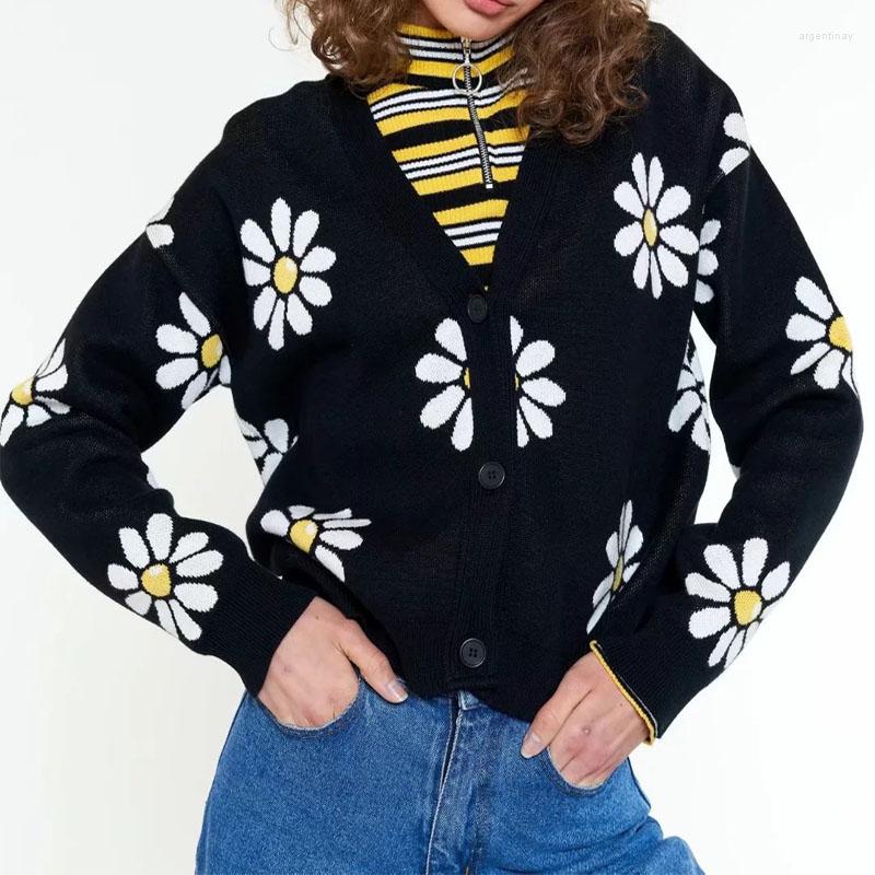 

Women' Knits Floral Embroidery V Neck Short Knitted Sweaters Women Autumn Winter Long Sleeve Cropped Cardigan Single-breasted Ladies
