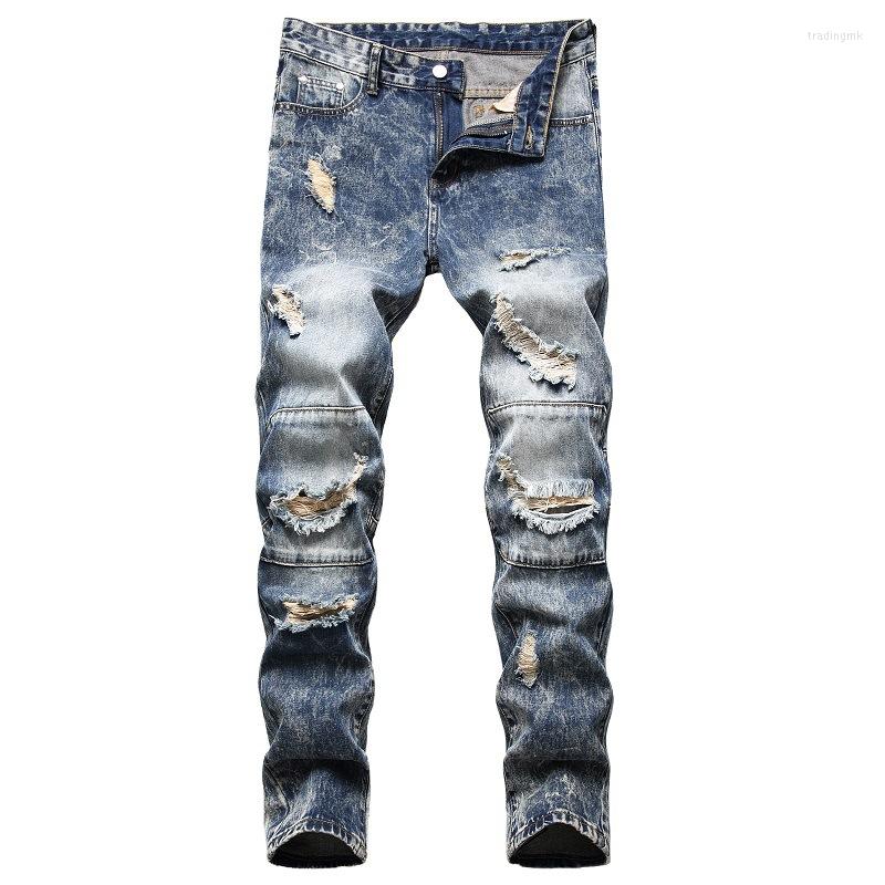 

Men's Jeans Arrival Men Torn High Quality Brand Motorcycle Plus Straight Tube Casual, Nostalgic blue