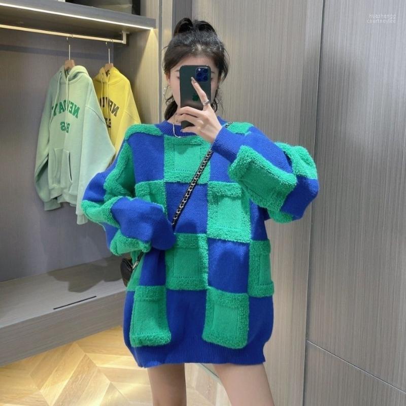 

Women's Sweaters Women's 2022 Autumn And Winter Simple Loose Round Neck Sweater Plaid Contrast Color Mid-length Slim Knit