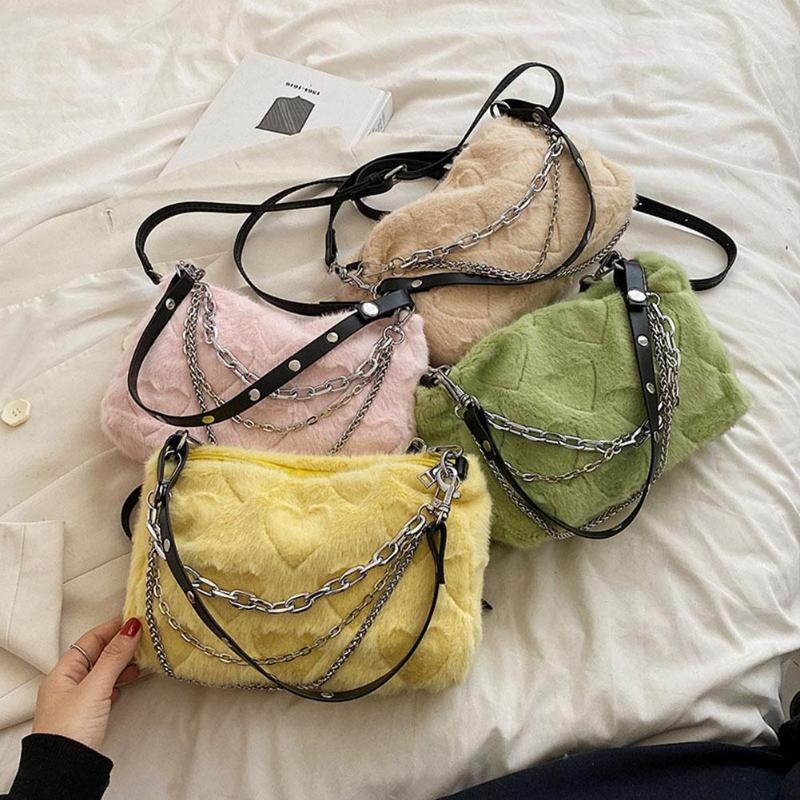 

Totes Plush Underarm Handbags Soft Fluffy Designer Top-handle Bags Multi-layer Chains Solid Color For Travel Autumn Winter, Green