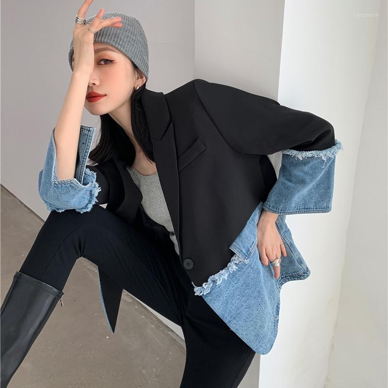 

Women' Suits ZCSMLL Style Suit Collar Stitching Worn Jeans Loose Coat Versatile Contrast Color Female Spring And Autumn, Black
