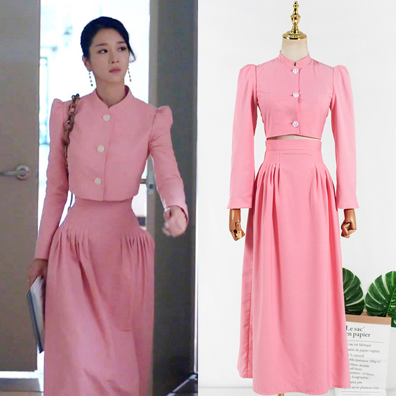 

Two Piece Dress kpop Seo Yea Ji same summer fashion pink long sleeved short shirt tops loose elegant High waist skirt women two piece set 221010