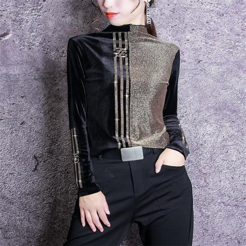 

Women's T Shirts Half High Collar Bottoming T-shirt Women Drill Bright Silk Tee Top Autumn Winter Jumper Long Sleeve Stitching TShirt, Regular