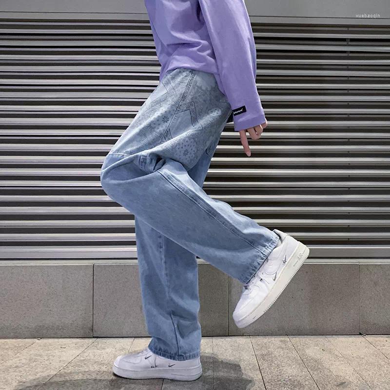 

Men's Jeans Eans Korean Fashion Denim Harem Pants Printed Panel Straight-leg Trousers Male Spring Men's Light Blue Baggy J