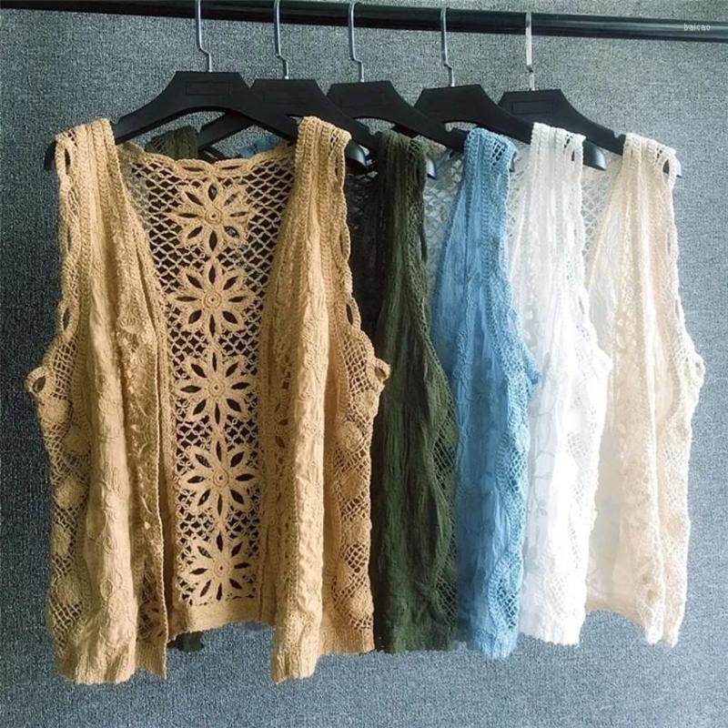 

Women's Vests Women V-Neck Hollow Out Crochet Vest Sleeveless Cotton Waistcoat Coat Vintage Knitted Cardigan Mujer Boho Clothing, Black