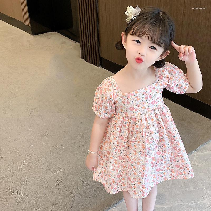 

Girl Dresses Summer Girls Floral Baby Puff Sleeve Bow Decoration Princess Dress A-line Skirt Kids Casual Cothes 1-4 Years, Yellow