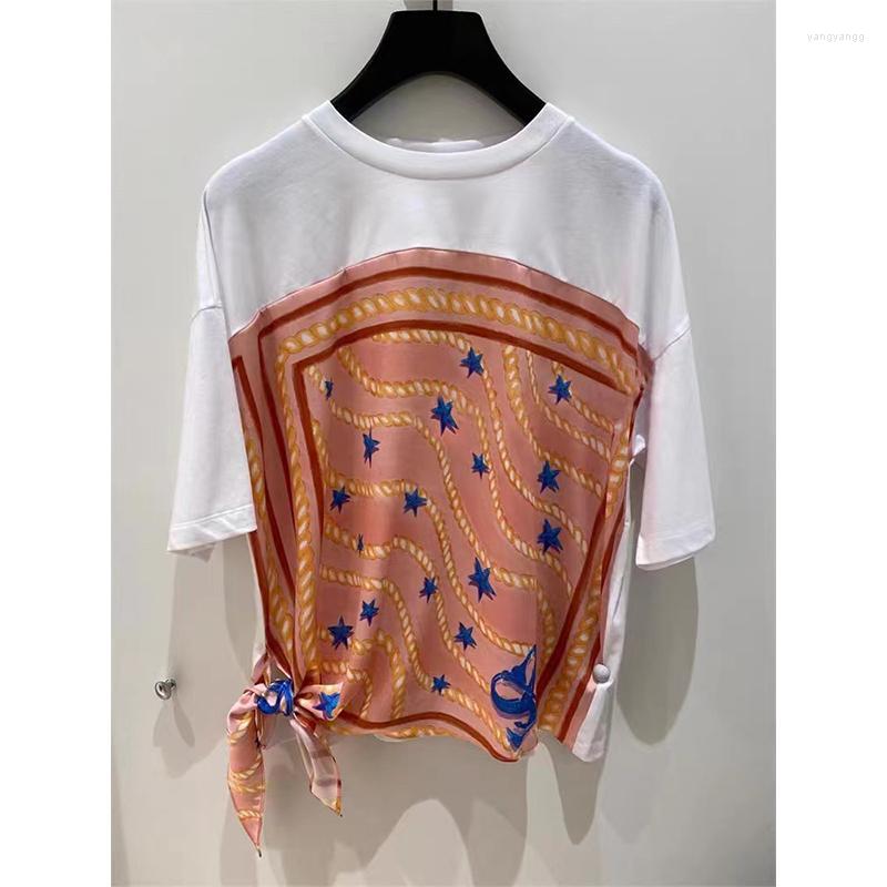 

Women' T Shirts 2022 Summer Fashion Vitality Star Print Stitching Frenulum O-Neck Short-Sleeved T-Shirt Solid Color White Casual Tops Tee