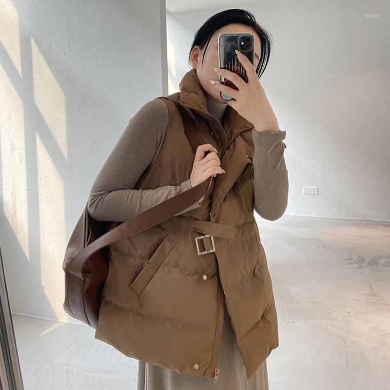 

Women's Vests Cotton Vest Women 2022 Winter Korean Loose Turn-Down Collar Warm Waistcoat Female With Belt Casual Puffer Jacket 5879