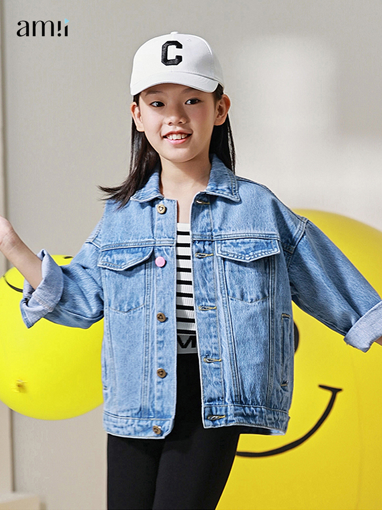 

Jackets Amii Kids Denim for Girls 3 12y Autumn 100 Cotton Turndowm Collar Heart Design Coats Casual Children Clothing 22260004 221010, Light denim blue