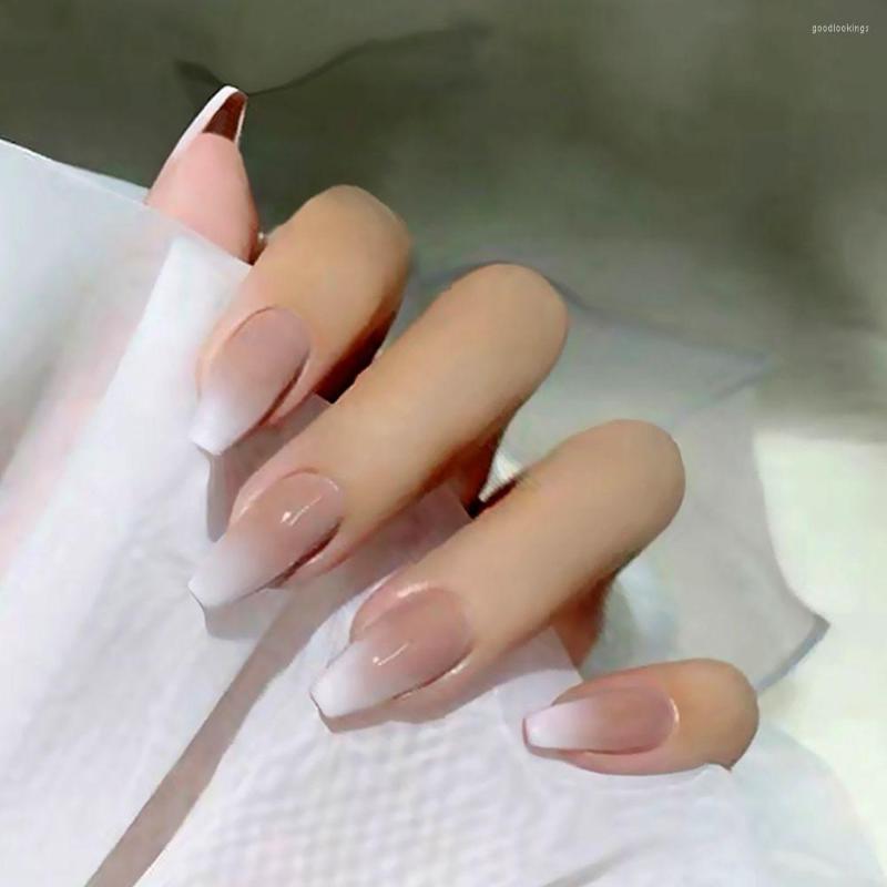 

False Nails Glossy Ombre Pink Nude White French Ballerina Coffin Nail Gradient Natural Press On Ballet Fake Tips Reusable Wear