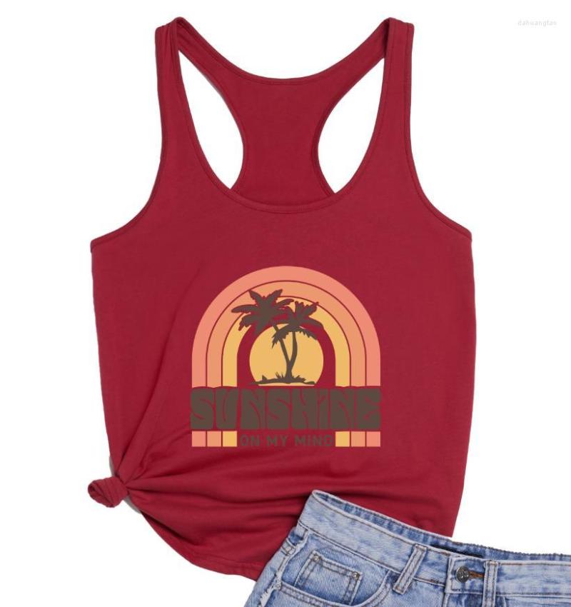 

Women' Tanks Sunshine On My Mind Rainbow Loose Racerback Vest Funny Positive Saying Coconut Tree Graphic Women' Running Gym Tank, Black