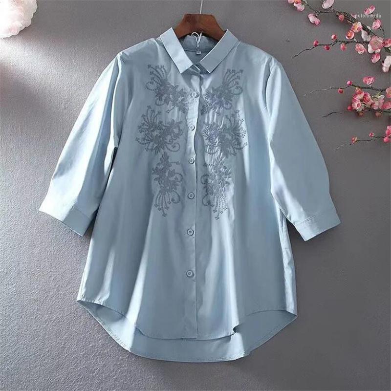 

Women's Blouses Vintage Embroidered Shirt Women's Three-quarter Sleeve Top For Women Turndown Button Up Loose Casual Female, Pink