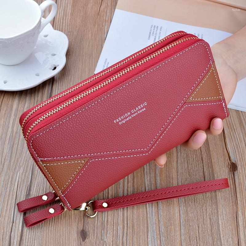 

Wallets Long Women's Leather Wallet Geometric Splicing Clutch Double Zipper Holder Coin Purses Female Mobile Phone Money Bag, Blue