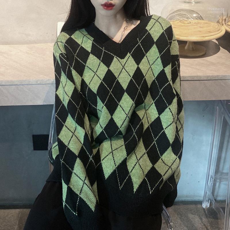 

Women's Sweaters Women's Green Rhombus V-neck Oversized Sweater Women Autumn Knitwear For Boy Girl Students Couple Clothes, Black