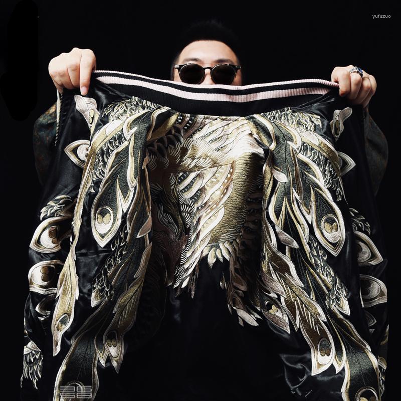 

Men's Jackets Men Boys Loose Streetwear High Street Heavy Work Phoenix Feathers Embroidered Letterman Varsity Award Sukajan Souvenir Jacket