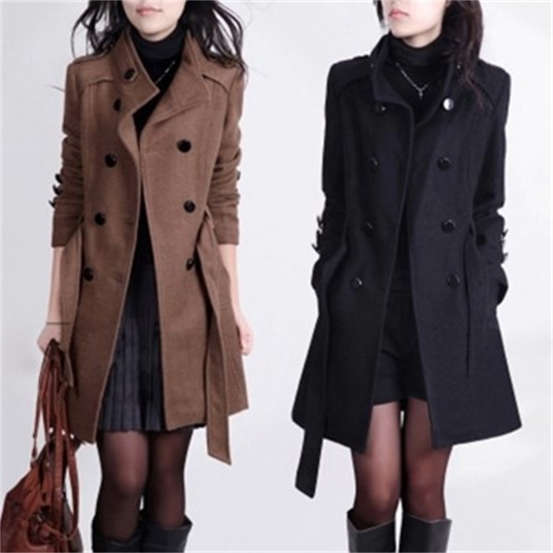 

Women's Wool Blends winter wool coat with belt women ladies autumn Slim long sleeve woolen coats chic overcoat 221010, Brown