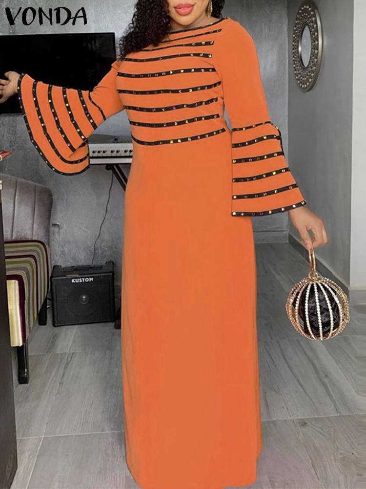 

Casual Dresses VONDA Women Summer Party Sundress Vintage Printed Evening Long Maxi Dress Flare Sleeve Beach Vestido Robe Femme 221010, 1-green