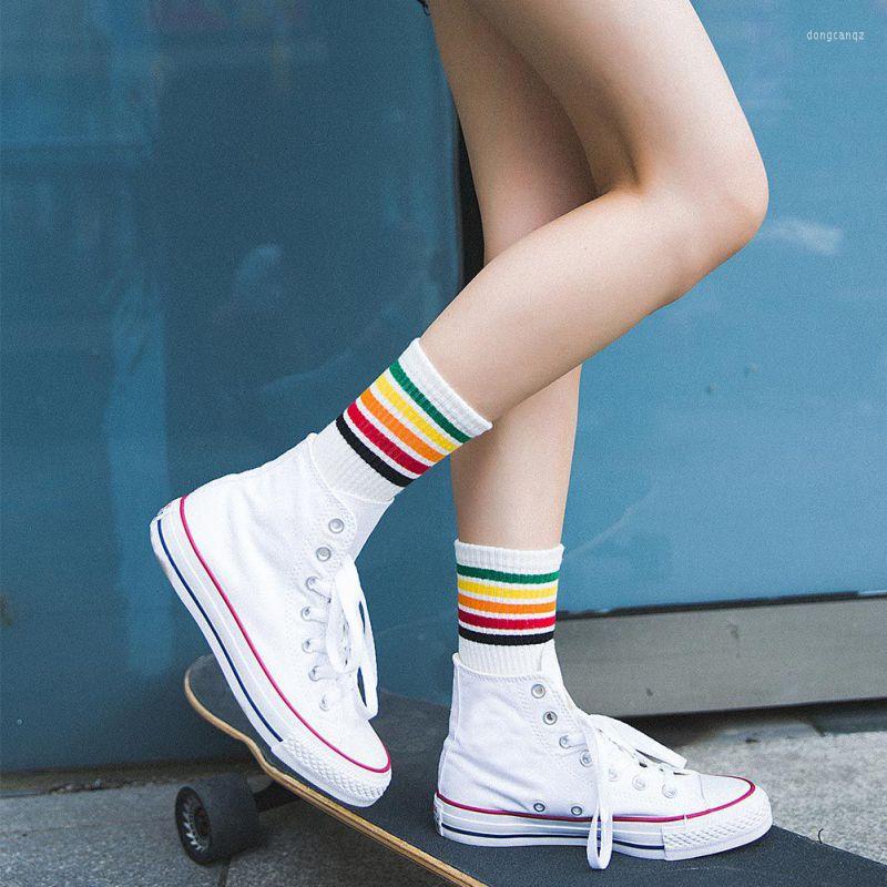 

Sports Socks 1 Pair Women Winter Rainbow Striped Cotton Black/White Sport Girls College Style Sock Funny Art Warm Sox