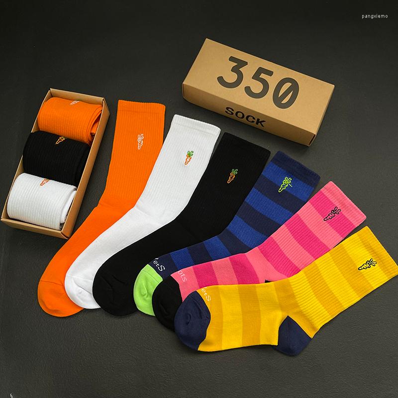 

Men's Socks 3 Pairs/box High Quality Cotton Men Fashion Crew Sports Funny Face Carrot Embroidery Trend Hip Hop, White pink yellow