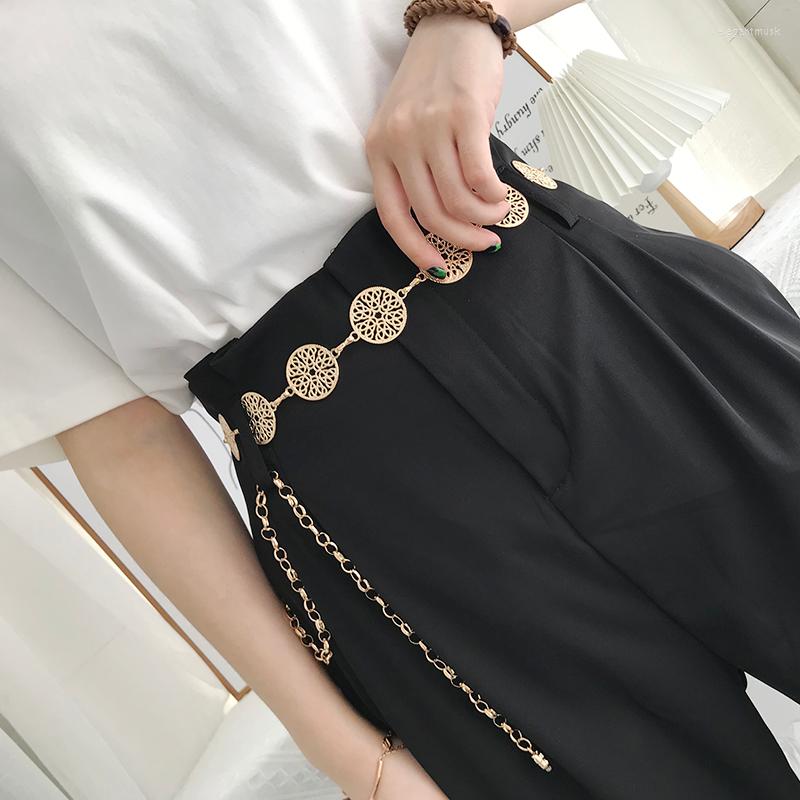 

Belts Retro Hollow Out Carved Chain Belt For Women Gold Sliver Round Metal Waist Female Dress Pants Decorative Waistband