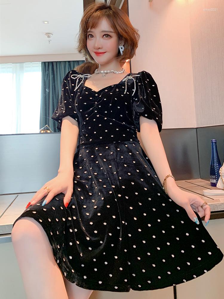 

Women' Tracksuits Contrasting Color Polka Dot Embroidery Diamond Set Bow Puff Sleeve Umbrella Velvet Dress Female 2022 Early Autumn, Black