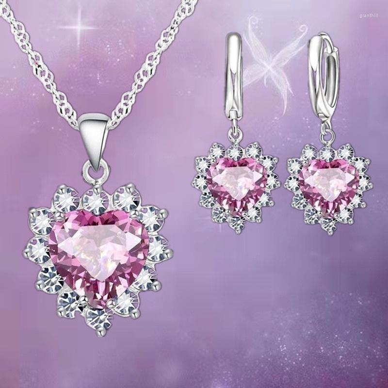 

Necklace Earrings Set Fashion Love 3 Pieces/set 9 Colors Luxury Ladies Silver Zircon Heart Pendant Jewelry Wedding Accessories, Picture shown