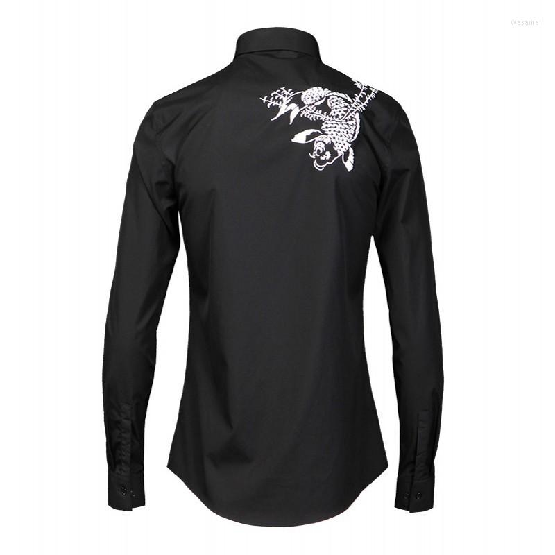 

Men's Casual Shirts European Slim Fit Mens Shirt Fashion Harajuku Solid Embroidery Long Sleeve Male Black White Plus Size 38-48