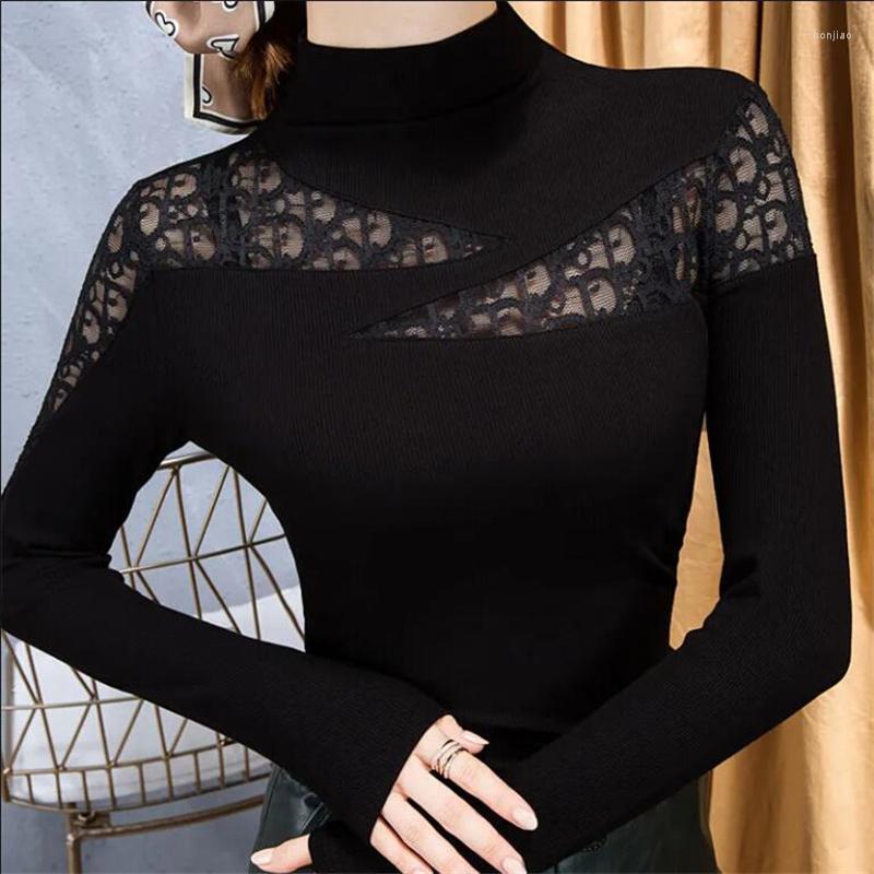 

Women's T Shirts Casual Solid Skinny Turtleneck Long Sleeve Basic Woman T-shirt Fall Pullover Elasticity Top OL Lace Hollow Out Thin Female, Black