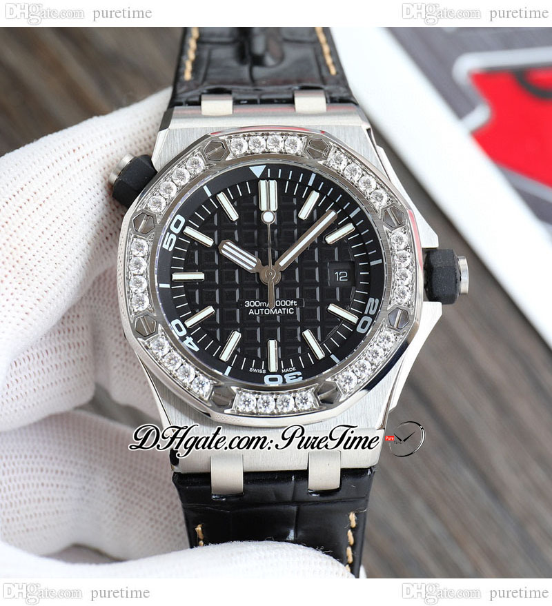 

Custom Moissanite Diamond Bezel A3120 Automatic Mens Watch 42mm 1571 Black Textured Dial Leather Strap With White Line Super Edition Watches Puretime B2