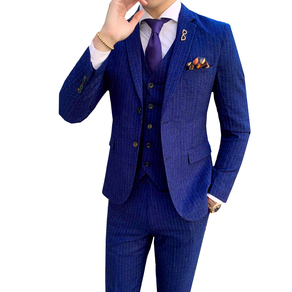 

Men's Suits Blazers 3 Pieces Jacket Pant Vest Men Casual Striped Business Suits Clothes Wedding Groomsman Dress Slim Fit Work Blazers Coat Set 221008, Blue