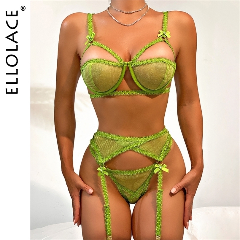 

Sexy Set Ellolace Lingeries Fancy Women Underwear Uncensored Half Cup Bra Transparent Lace Exotic Sets Luxury Thongs Garters 3Pieces 221010, Green