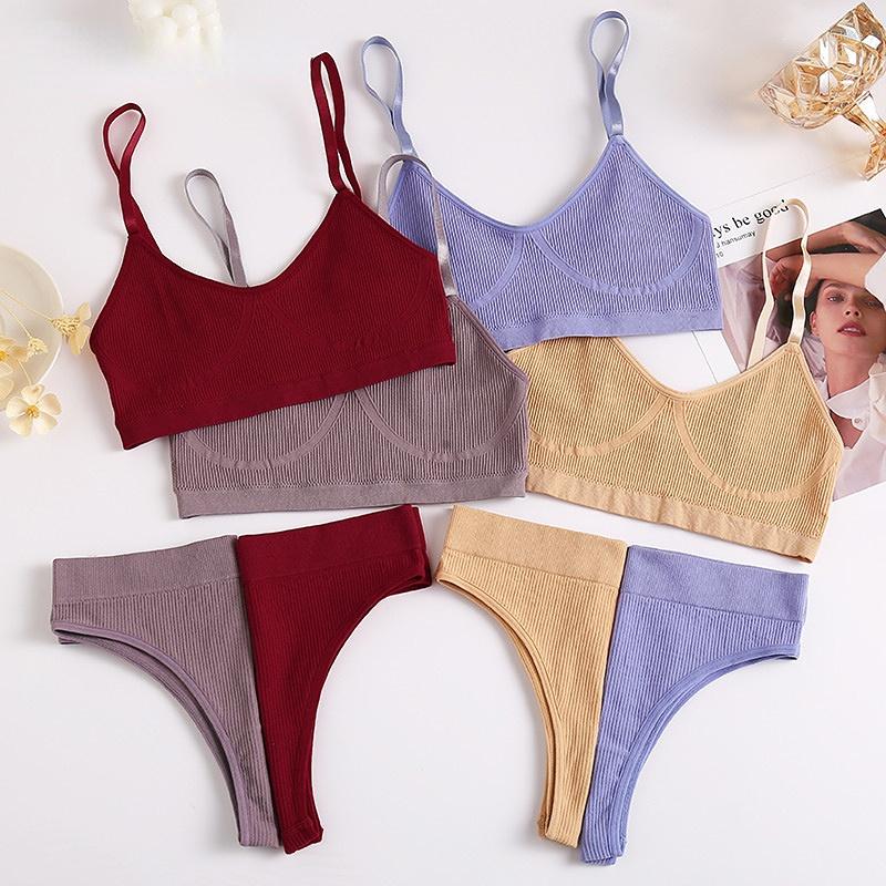 

Bras Sets 2022 Girls Seamless Women's Tops Panties Cotton Low Waist Pants Underwear Soft Sports Fitness Crop, Style 1 beige