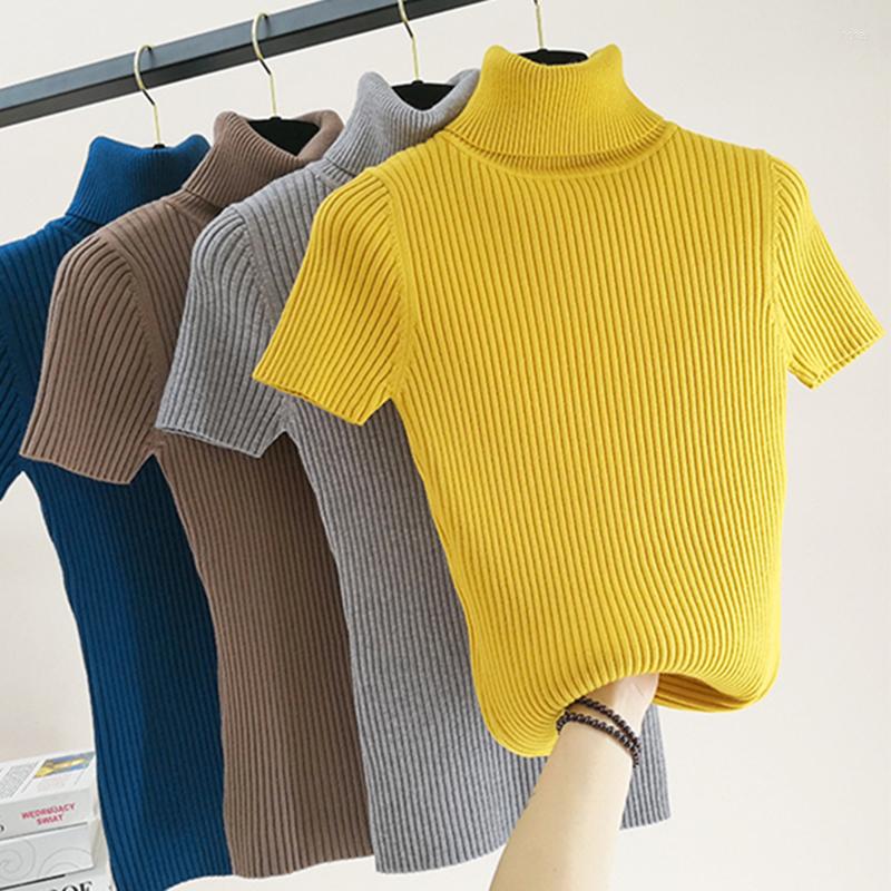 

Women's Sweaters Turtleneck Short Sleeve Knitted Pullover Solid Elastic Sweater Women 2022 Fashion Elegant Basic Tops, Short sleeve khaki