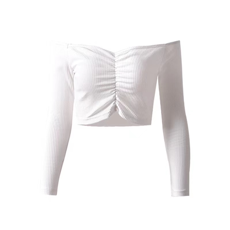 

Off-Shoulder Slim Fit Women's T-Shirt: 3 Solid Colors, Long Sleeve Undershirt for Short Tops, White