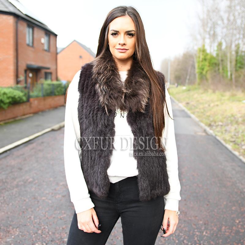 

Women' Vests CX-G-B-250C Women Fashion Hand Knitted Fur Vest With Raccoon Collar -DROP, Black
