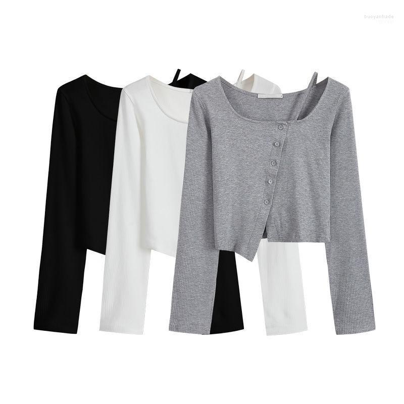 

Women' T Shirts Women' T-Shirt EWSFV 2022 Autumn Women Solid Split Short Top Irregular Collarbone High Waist Slim-Fit Long Sleeve, Black
