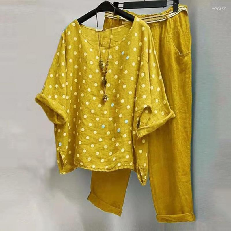 

Women's Two Piece Pants Women's Summer Polka Dots Printed Sets Women Tracksuit Half Sleeve O-Neck Blouse Casual Capri Trousers Outfit, Yellow