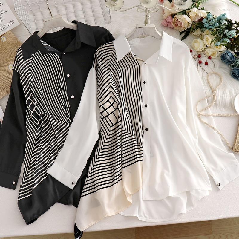 

Women's Blouses Chiffon Blouse Tops For Women Spring Summer Fashion Lapel Button Long Sleeve Large Size Stripe Stitching Loose Shirt Female, White