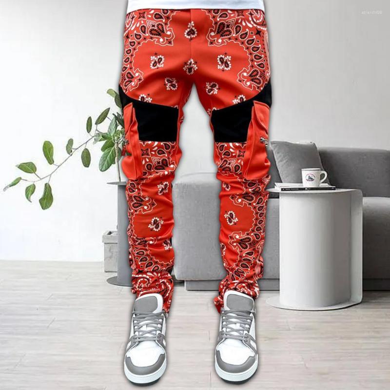 

Men's Pants Men Cargo Cashew Printed Elastic Waist Drawstring Multiple Pockets Bottoms Trousers Male Clothing Streetwear, Black